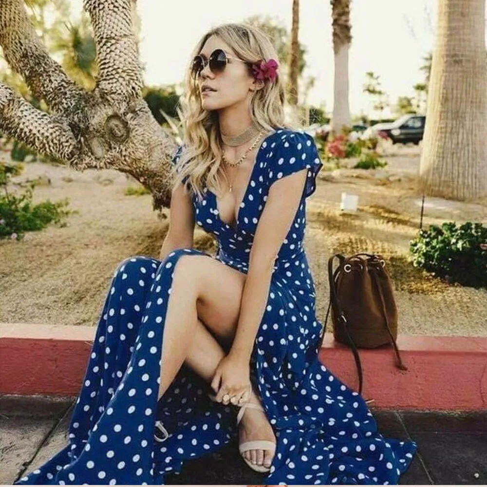 Save Big on Bulk Long Dress For The Beach Summer Ladies Polka Dot Maxi  Dress Long Split Beach Sundress For Women Floor Length Evening Party Dress  | ...