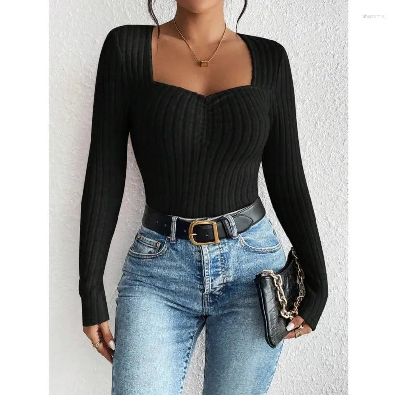 Women's Sweaters Black Knitted Long Sleeved Sweater For Women Autumn Sexy Low Cut Slim Fit Square Neck Top Casual Versatile Spicy Girl