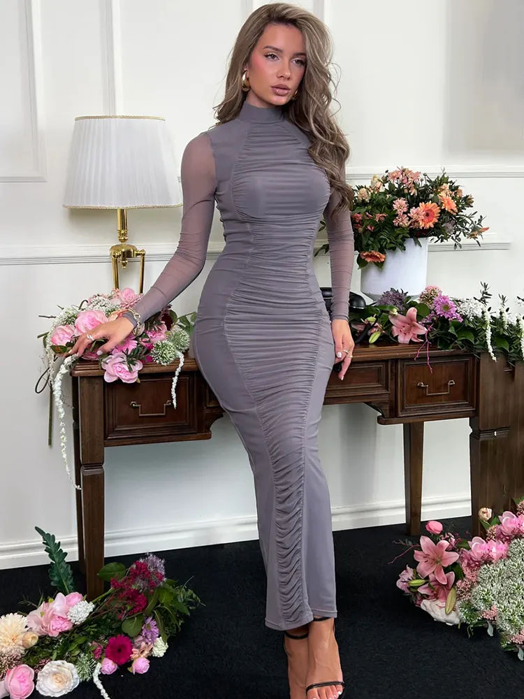 Mesh Lantern Long Sleeve Dress グレー Womens Mesh Turtleneck Bodycon Dress - Long Sleeve, Sheer