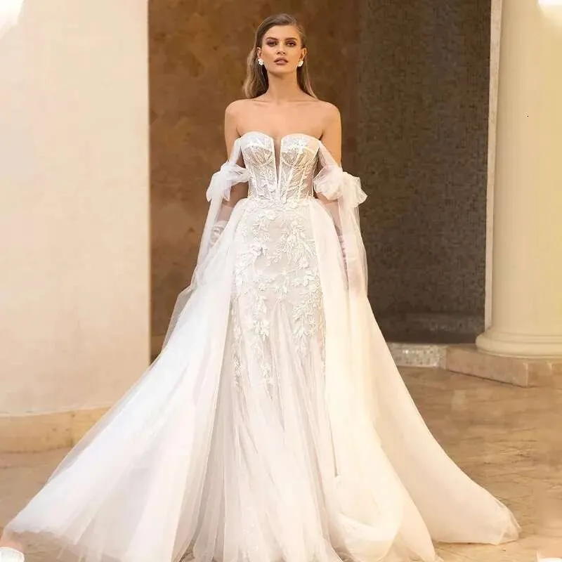 Shiny Beading Tulle Mermaid Wedding Dress with Detachable Train and Zipper Back