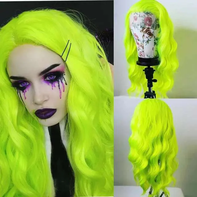 Neon Green Curly Lace Front Wig - Synthetic Glueless Natural 
