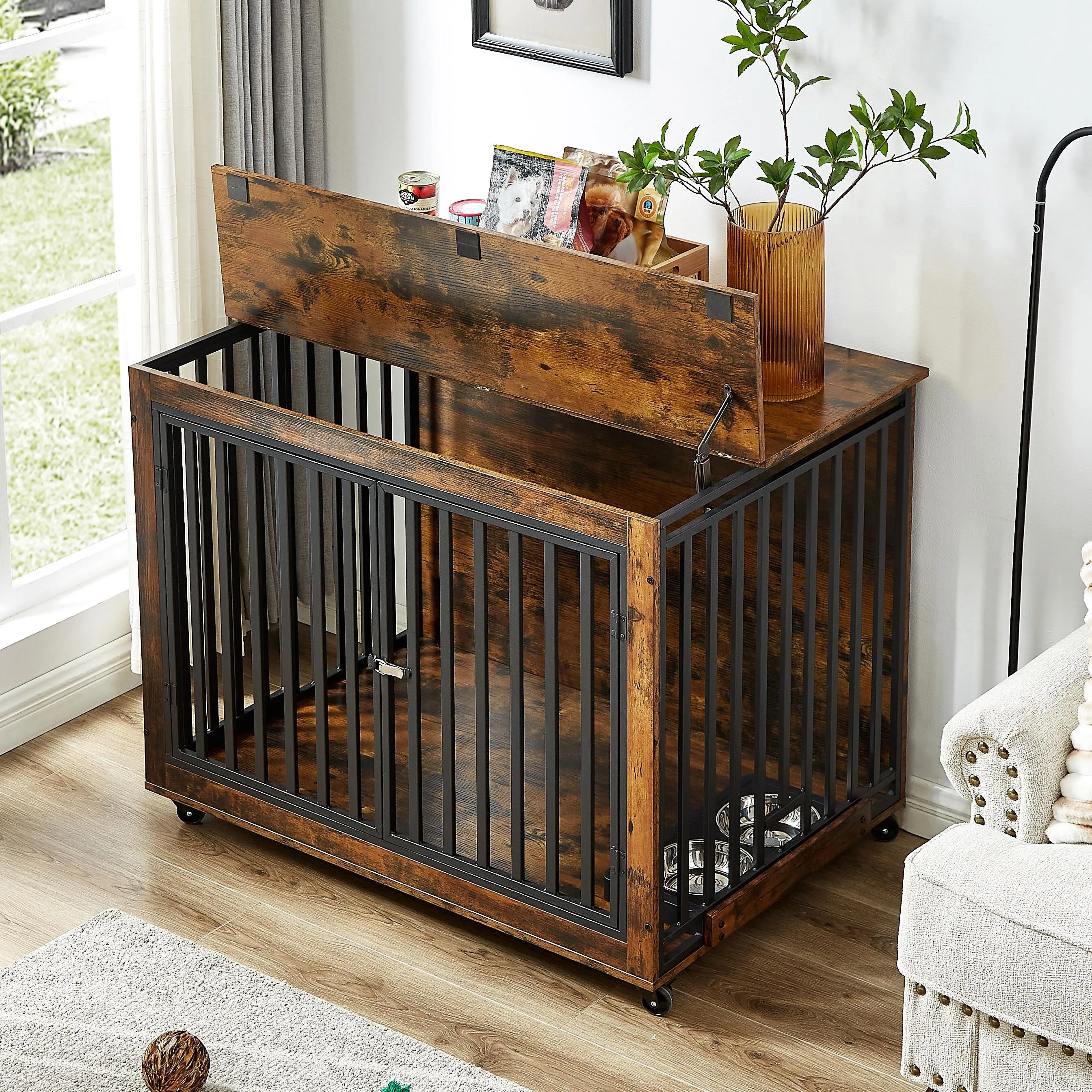 Rustic Brown ashleys furniture Dog Crate with Feeding Bowls Wheels Three Doors Lift Off Top 43.7