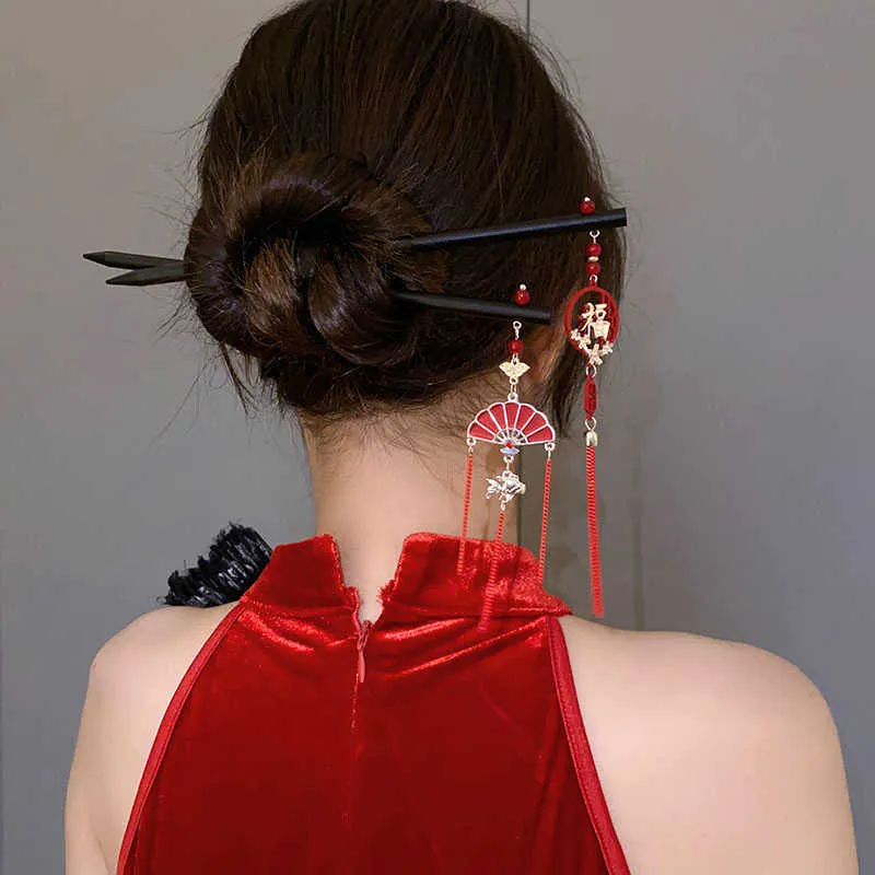 Vintage Red Chinese Knot Wood Tassel Hairpin Women Girl  display picture 1