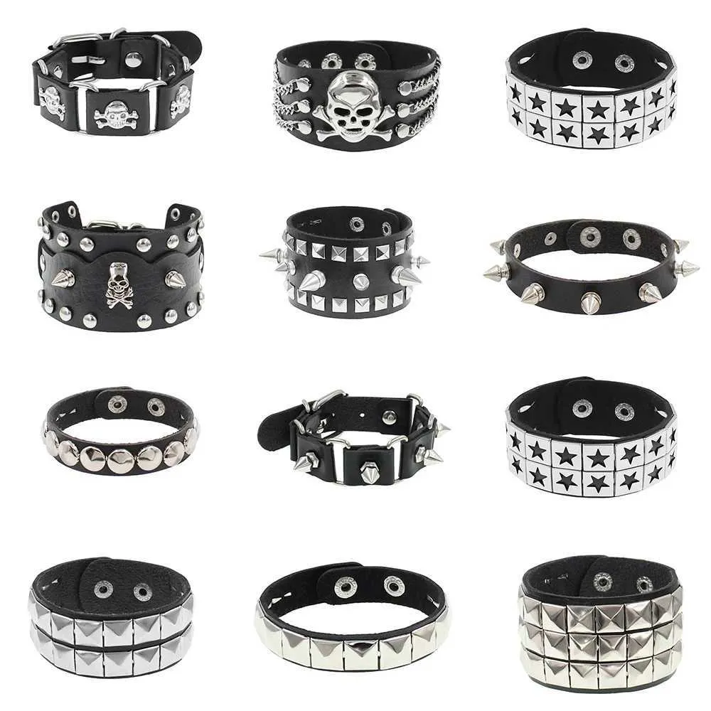 Gothic Skull Leather Bracelet Set - Punk Rivet Bangle for