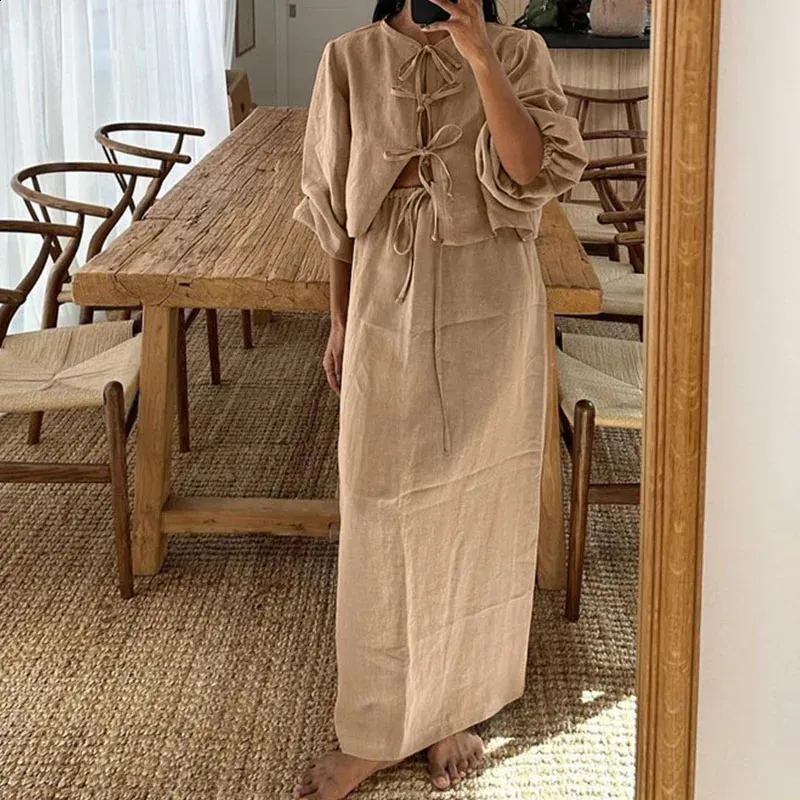 Womens O-neck lace up top and floor-length cotton linen dress set with puff  sleeves high waist from Dhgate Two Piece Dress - price 77.87