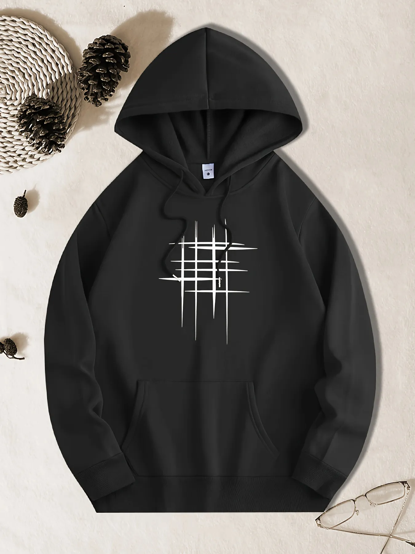 Stylish Geometric Line Design Graphic Print, Mens Casual Hooded