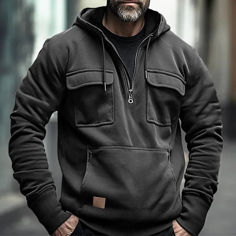 Men s Tactical Wool Hoodie Solid Warm Military Sports Sweater with Multi Pockets
