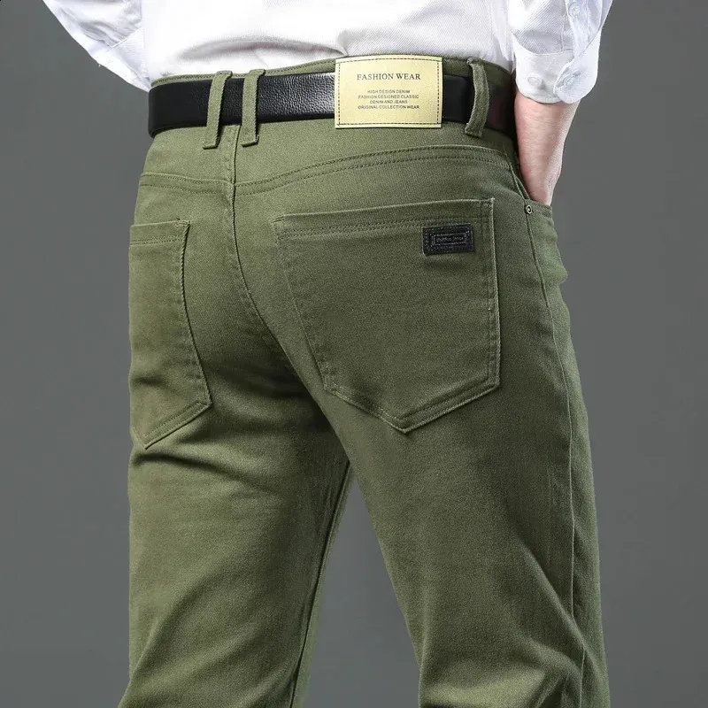 Mens Slim Fit Cotton Stretch Jeans Army Green Casual Straight
