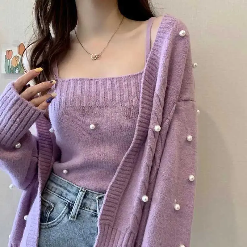 レディースウェア piping onepiece & cardigan set (purple) Purple Cardigan Sweaters for Women Spring And Autumn Leisure