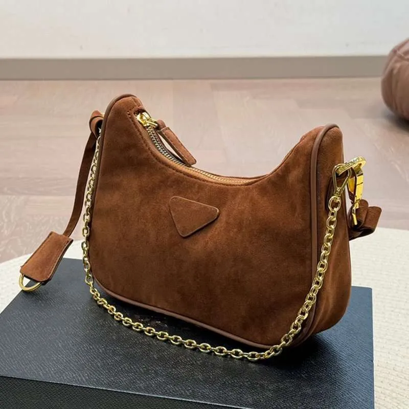 Suede Leather Hobo Shoulder Bag Luxury Designer Fall Handbag Classic  Gold Chain Brown Purse
