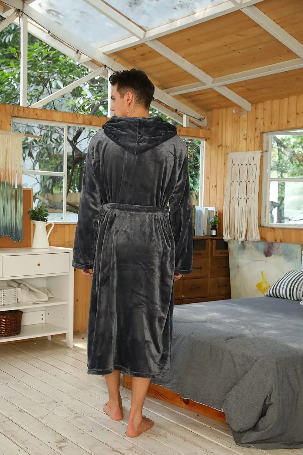 Plush Fleece Soft Mens Robe With Hood Womens Long Robe Mens Plush