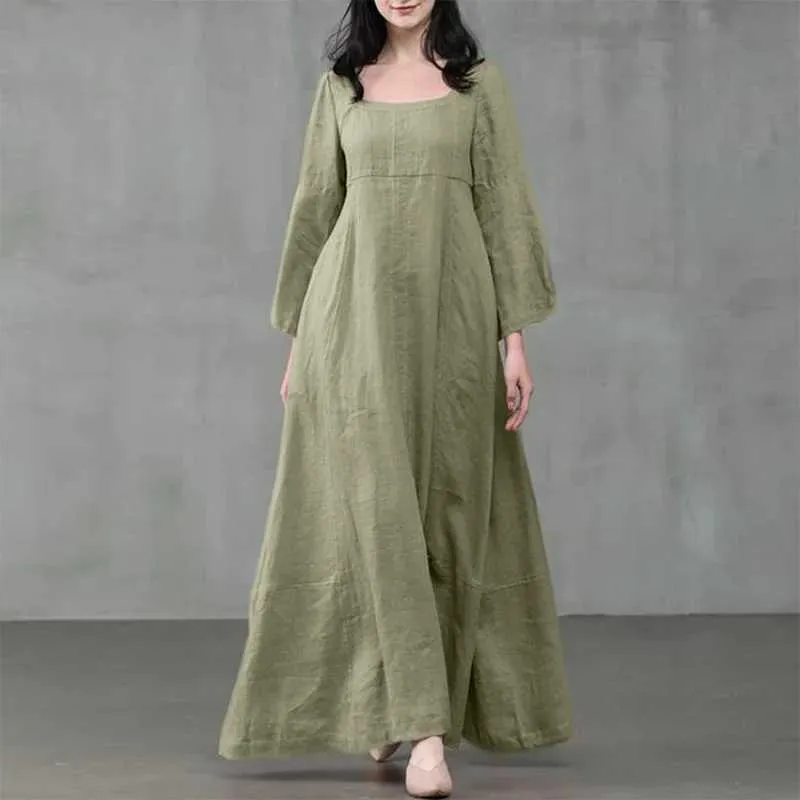Vintage Cotton Linen Flare Sleeve Long Sundress for Women