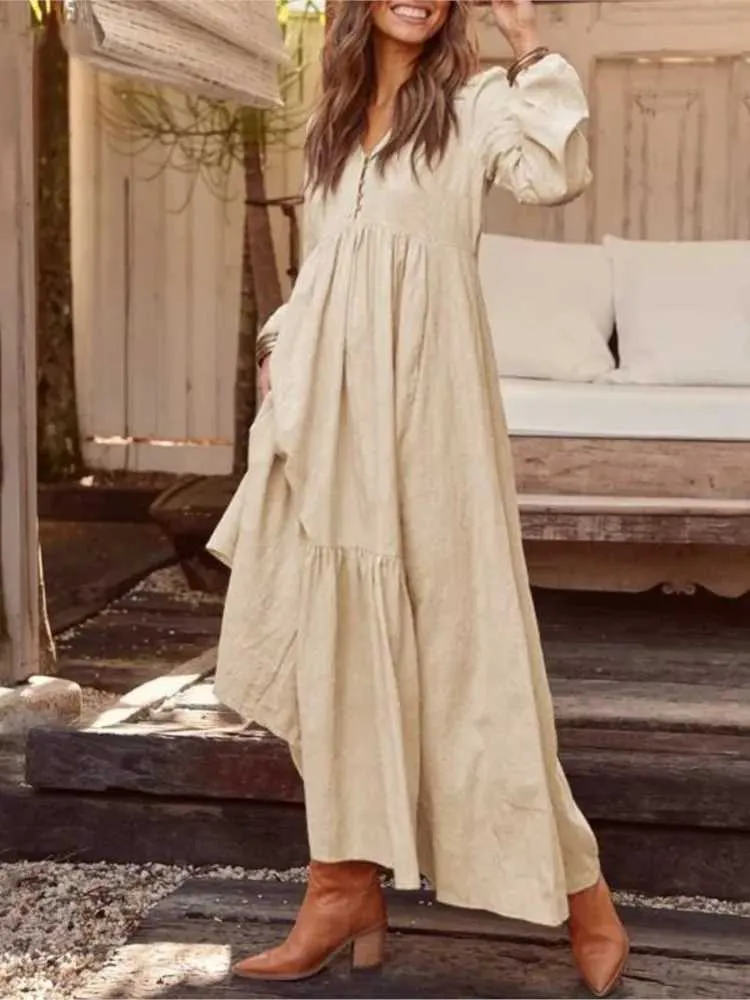 V-neck Floor-Length Short Sleeve Chiffon Dress for Women Casual Autumn  Winter Party