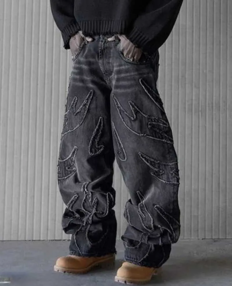 Baggy herrejeans Y2k hip-hop Distressed retro sorte bukser oversized broderede Haruku Gothic bukser med brede ben_voghion.com