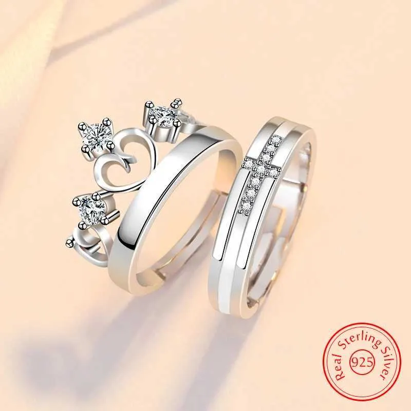 Sterling Silver Crystal Zircon Cross Crown Couple Ring for Women  Fashionable Jewelry