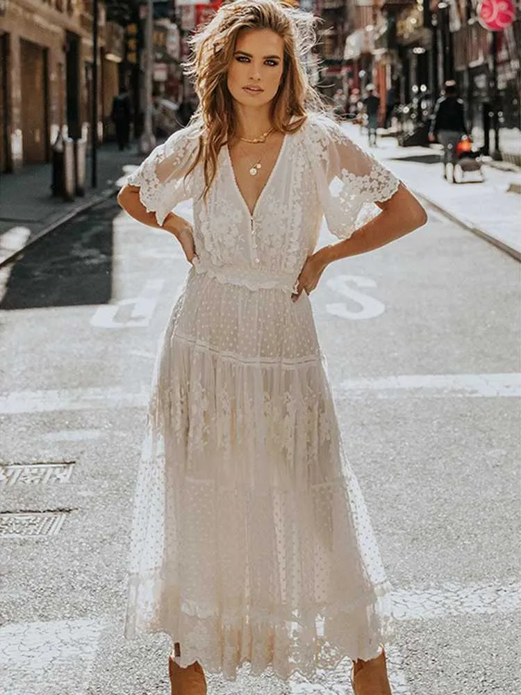 knee length dresses for ladies Off-White Long White Lace Wedding Dress with Sleeves Off White Nude / 16 main image 0