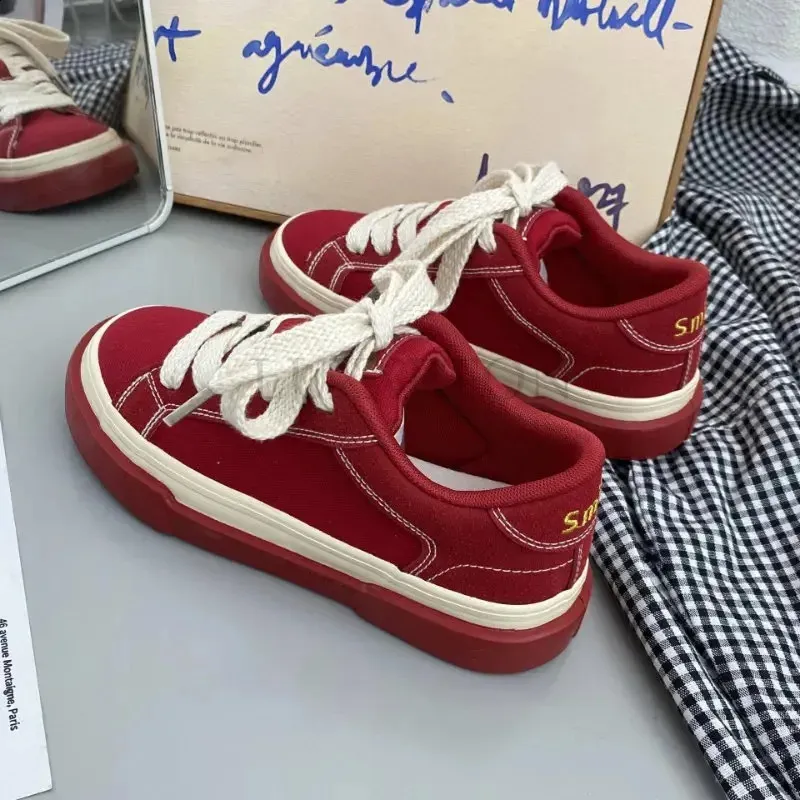Save Big on Bulk Red Canvas Sneakers Ladies Red Sneakers: Vintage Low Top  Canvas Jogging Shoes Casual Women's Flat Trainers With Letter Embroidery 