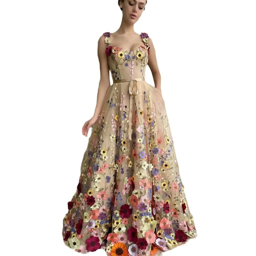 multi color floral embroidered dress A1288 White A-LINE DRESS WITH MULTI COLORED FLORAL EMBELLISHMENT Size 4