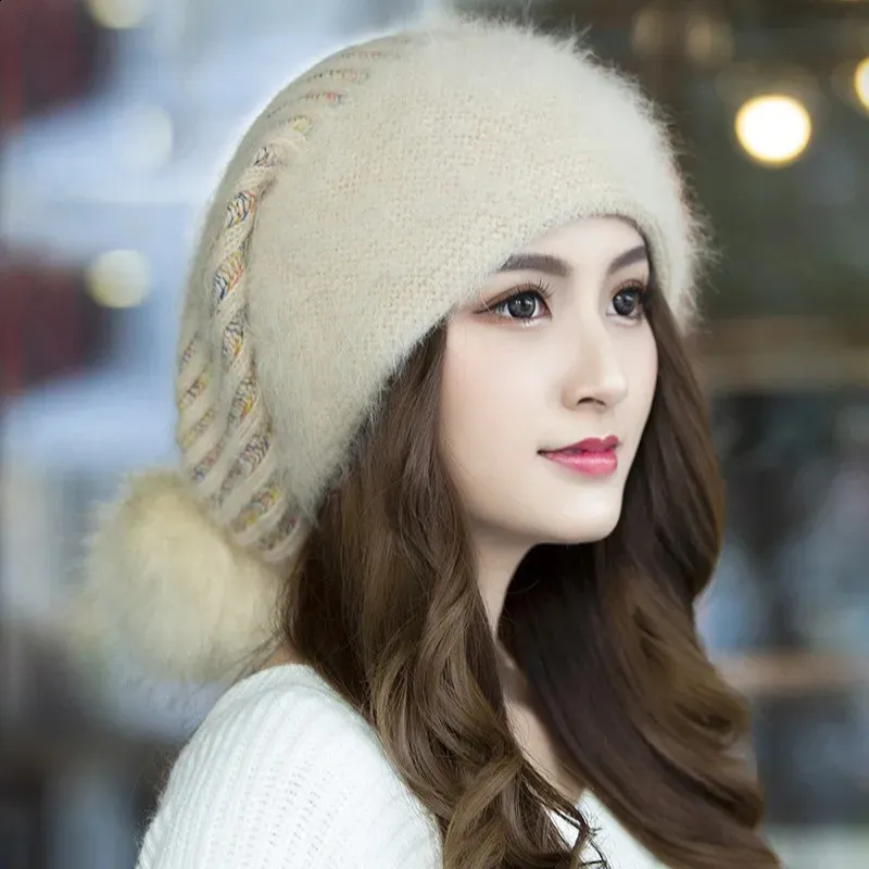 Womens Winter Hats With Brim Wool Hat With Ear Flaps, Rabbit Fur
