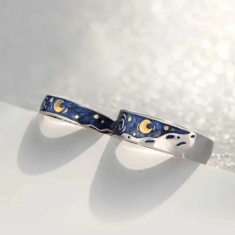 DHgate Adjustable Open Couple Rings with Van Gogh Starry Night Sky Design Sterling Silver Jewelry