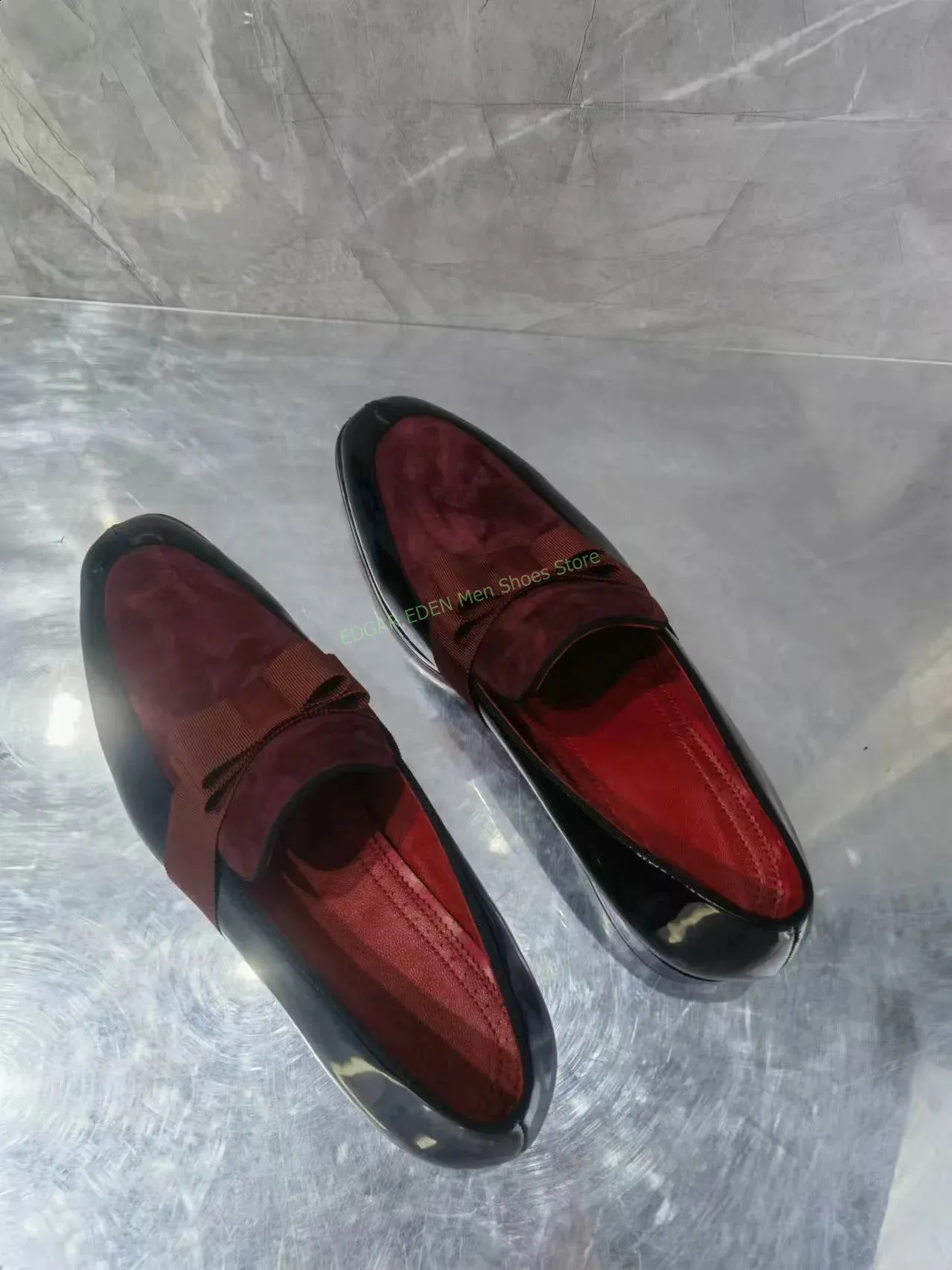 Men’s LeatherVelvet Loafers Mens Wine Red Leather Velvet Loafers - Round Toe, Slip-on  main image 4