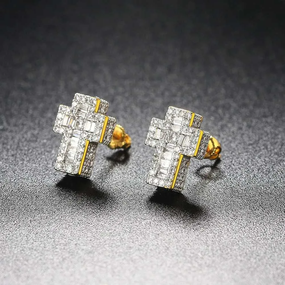 Orecchini croce punk di lusso zirconia oro uomo donna_voghion.com