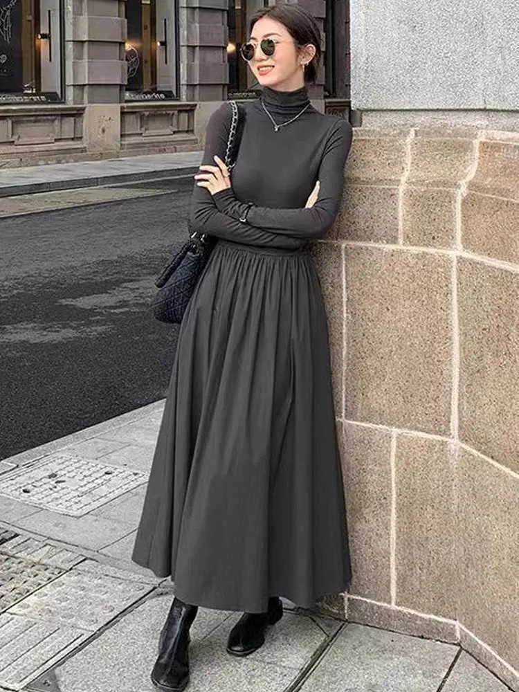 Vintage Korean Fashion High Collar Long Sleeve Black Turtleneck Dress for Women