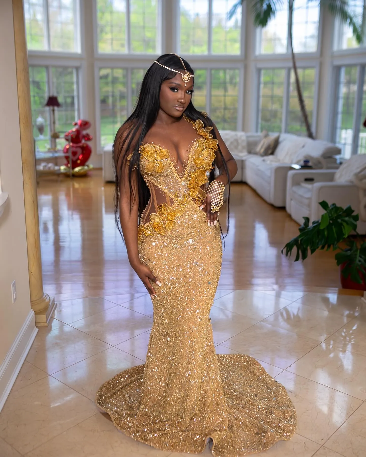gold mermaid maternity dress Long Mermaid High Neck Appliques White Pregnant Formal Dresses main image 1