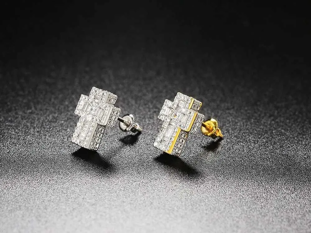 Orecchini croce punk di lusso zirconia oro uomo donna_voghion.com