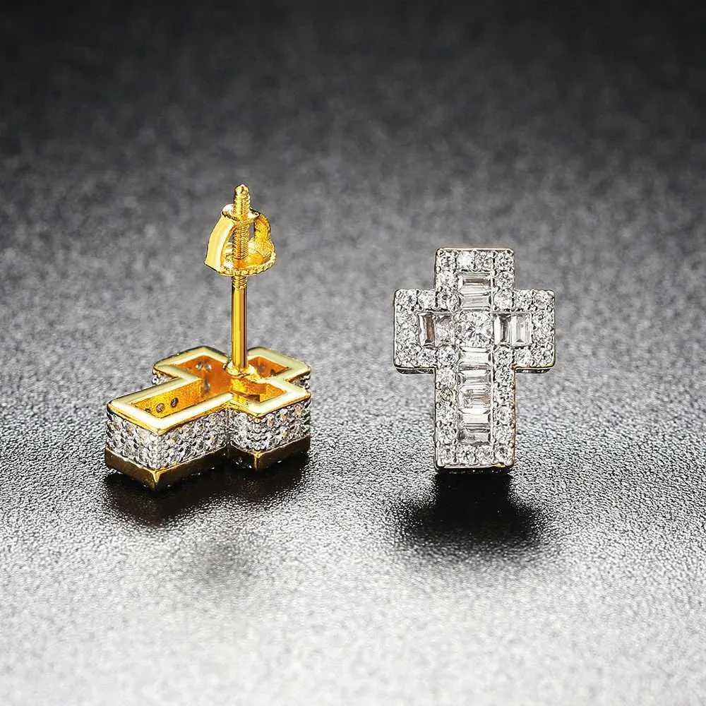 Orecchini a croce punk di lusso per uomo, con zirconi incastonati, stile hip hop, colore oro, accessori da donna, gioielli alla moda._voghion.com