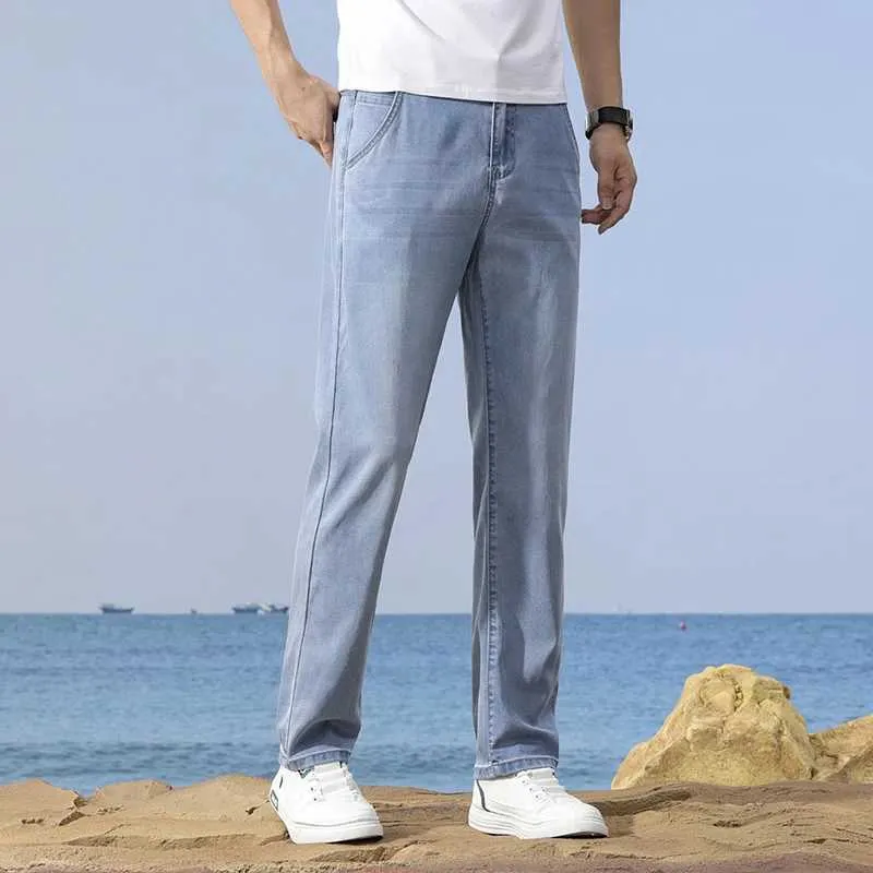 Lyocell zomerjeans voor heren, losse pasvorm, dunne lichte jeans, zakelijk, casual, baggy met stretch, 8898LBL31W30L