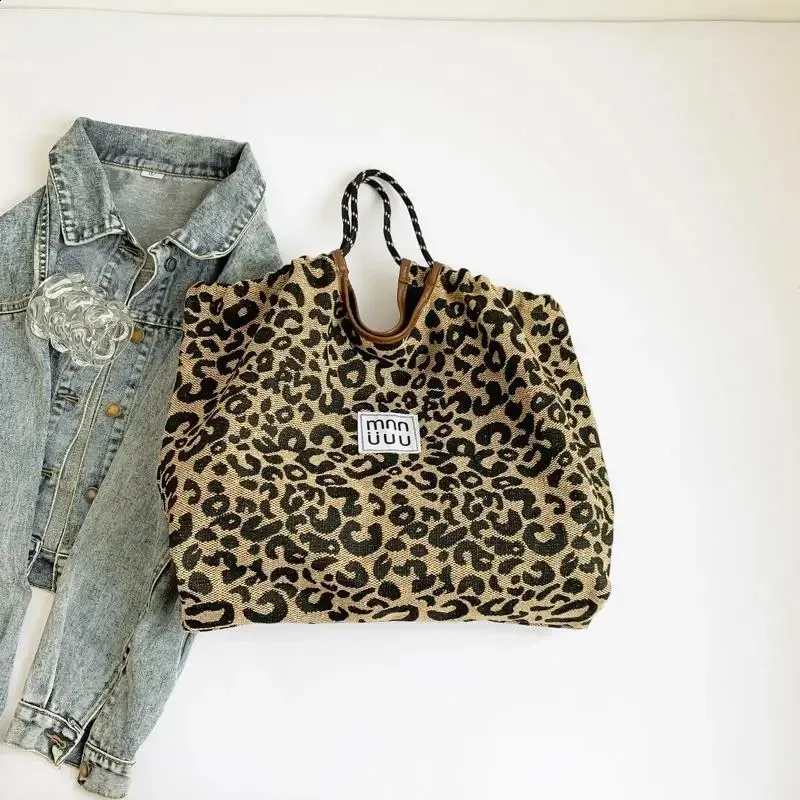 Denim Tote Bag With 6 Pockets Velvet Like Leopard Lining