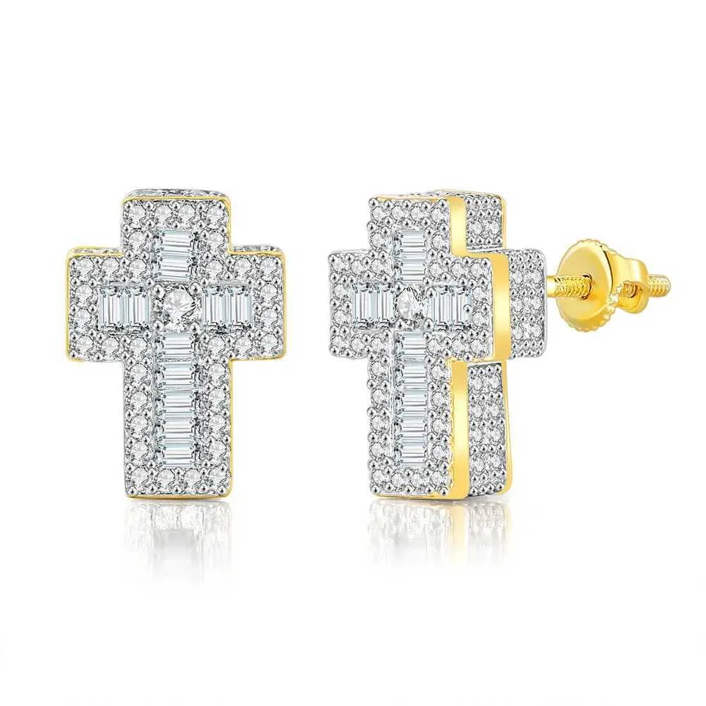 Orecchini a croce punk di lusso per uomo, con zirconi incastonati, stile hip hop, colore oro, accessori da donna, gioielli alla moda._voghion.com