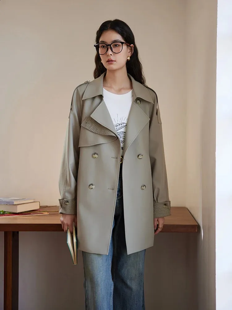 Women's Double Breasted Trench Coat with Flip Collar Grey Khaki Classic  Retro Style