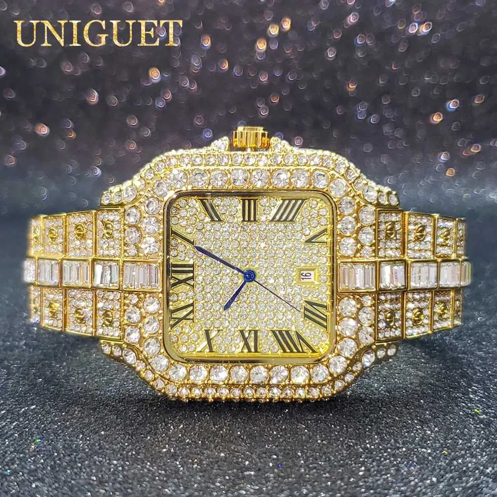Luxury Mens Diamond Watch With Ice Zircon, Blue Dot Calendar