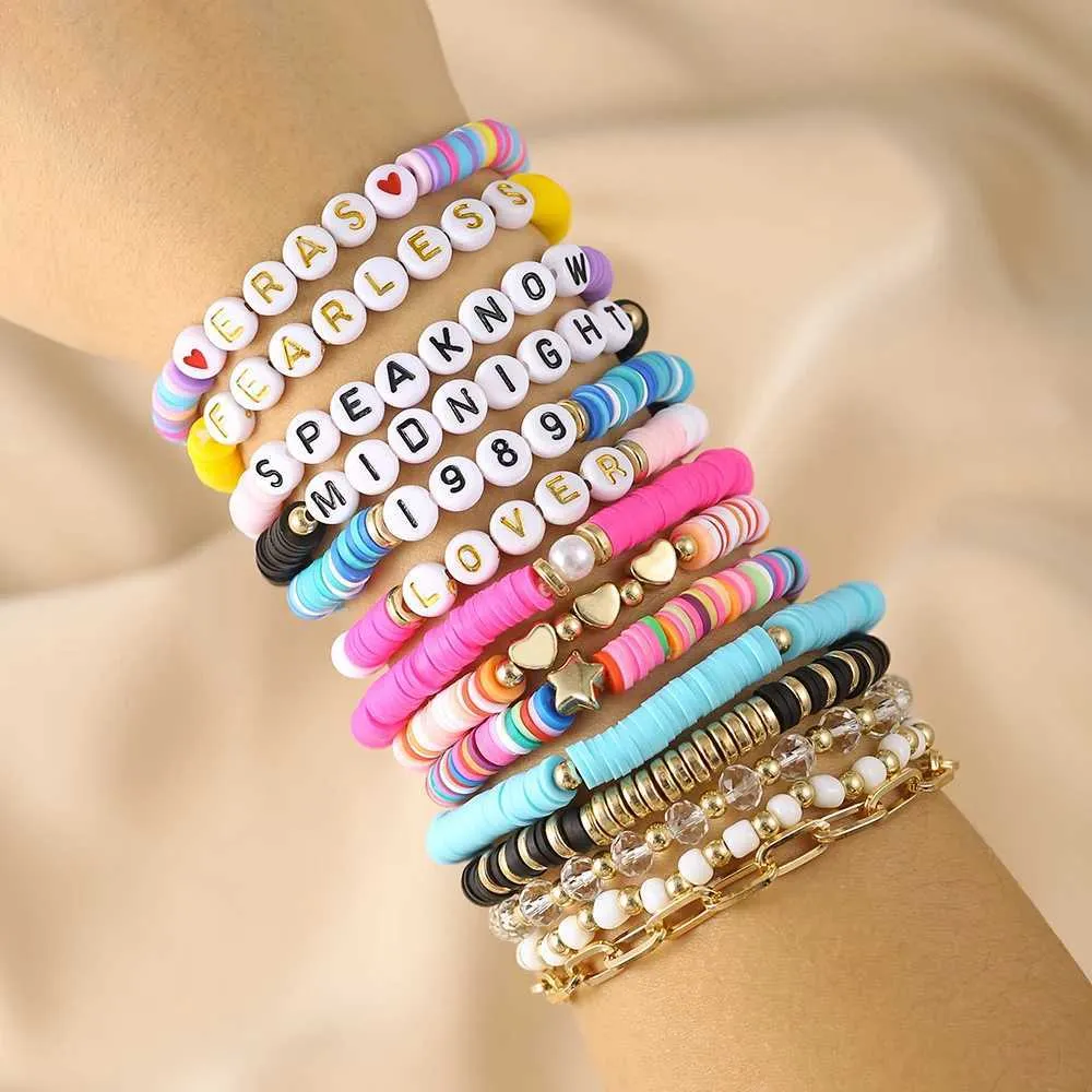 Vintage Boho Style Polymer Smiley Face Bead Bracelet Set for Women - Swift Music Concert Friendship Bricelet for Couples (X240912)