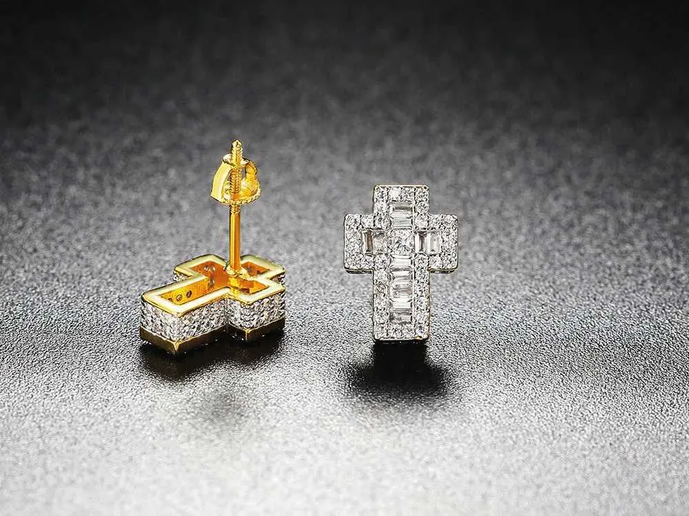 Orecchini croce punk di lusso zirconia oro uomo donna_voghion.com