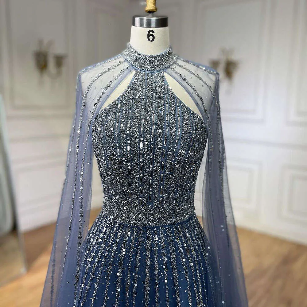 beaded party dress modest cape sleeeve round neck High Neck Long Sleeves Beaded Emboridery Satin A-Line Wedding Dress – Liymc main image 0