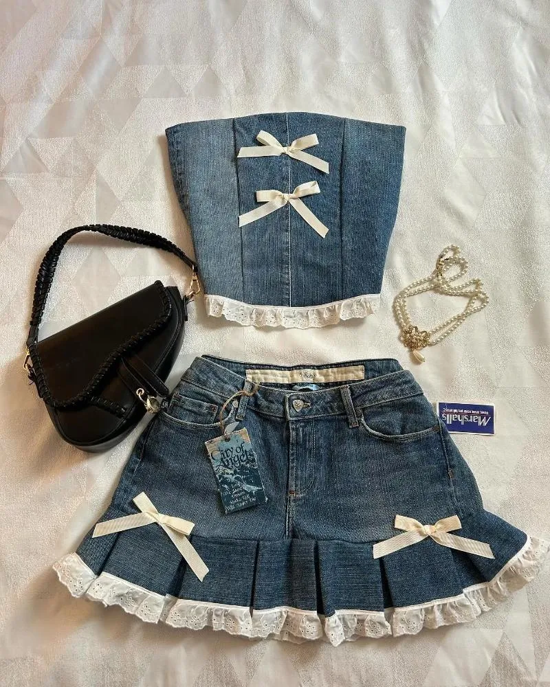 【Anyone more】Pound Strap Denim Two-Piece Setup Skirt Y2K Women's Two Piece Denim Work two piece dress with