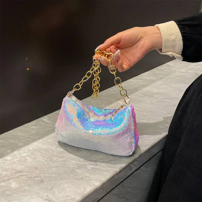 Womens Color Block Sequin Crossbody Bag - Chain Strap  display picture 2