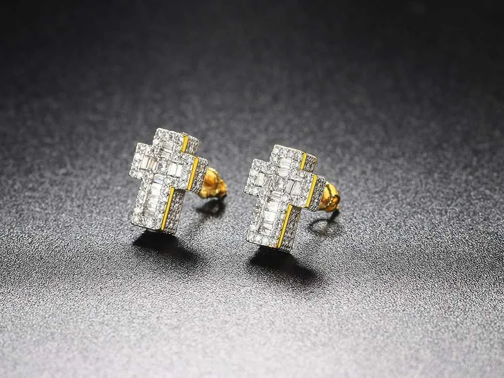 Orecchini croce punk di lusso zirconia oro uomo donna_voghion.com