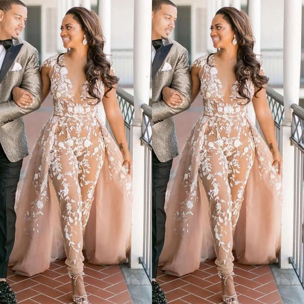 DHgate Sleeveless Lace Applique Jumpsuit Prom Dress Sexy Evening Gown for Women Floor Length Vestido de Novia Wedding Party Events