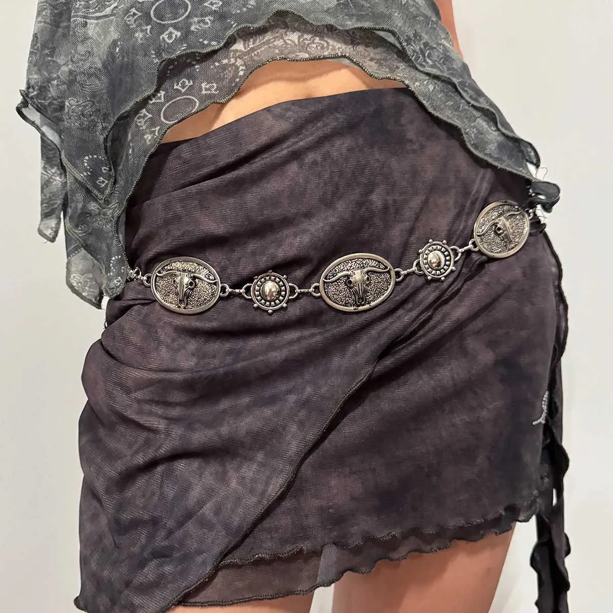 Vintage Y2K Gray Leather Layered Chain Belt Festival Statement Edgy Accessory Heartbreaker Waist Chain Belt – Suspex Rave Outfits main image 4