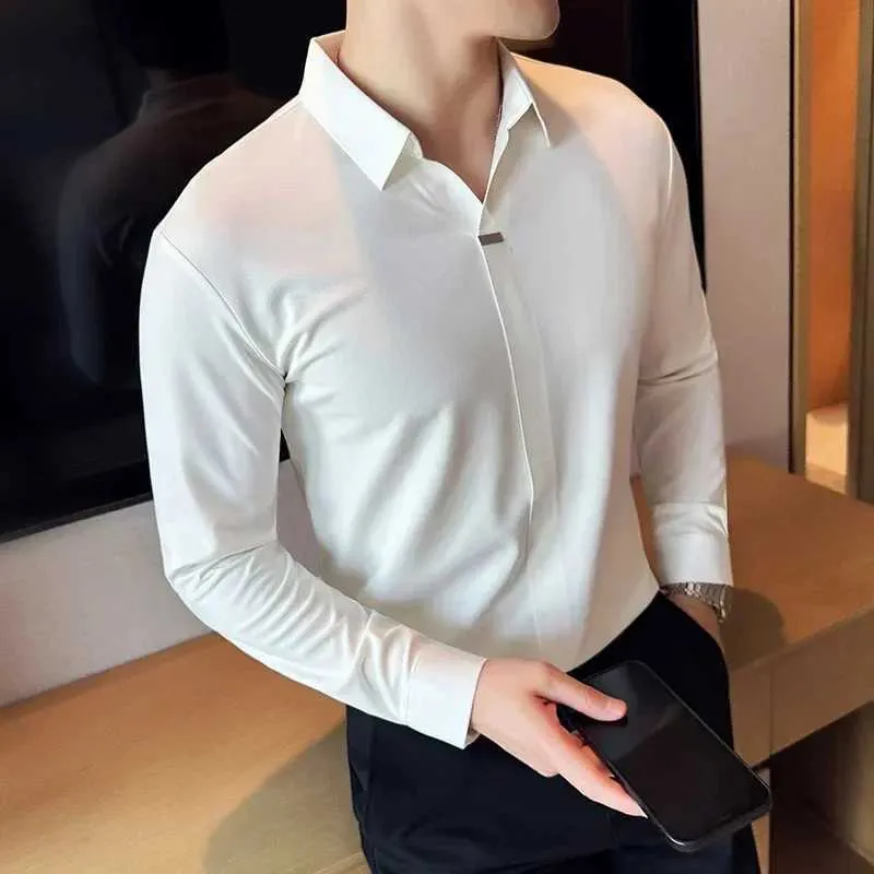 Men's Brown Silk Shirt Mens with V-Neck, Long Sleeves, Elasticity, Traceless Lapel, Stand Collar, and Slim Fit - Perfect for Business Casual Wear (