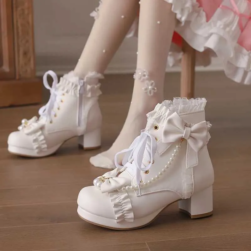 Lovely Lolita String Bead Short White Heeled Boots For Girls Pink And White Party Shoes Sizes 7 18 2023 Autumn Collection From Tuofak 28.9 DHgate.Com