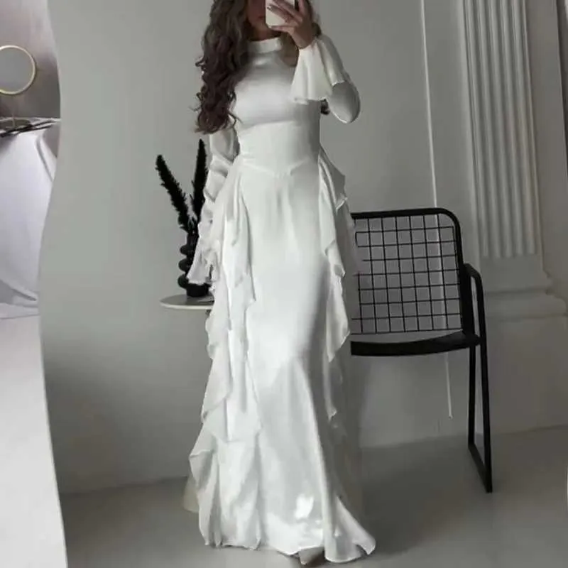 Elegant Flare Sleeve White Dress: Womens High Waist Patchwork Long