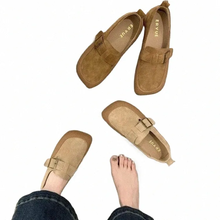 Women's Brown Slip-On Casual Shoes Korean Vintage Style, Triple Buckle  Design