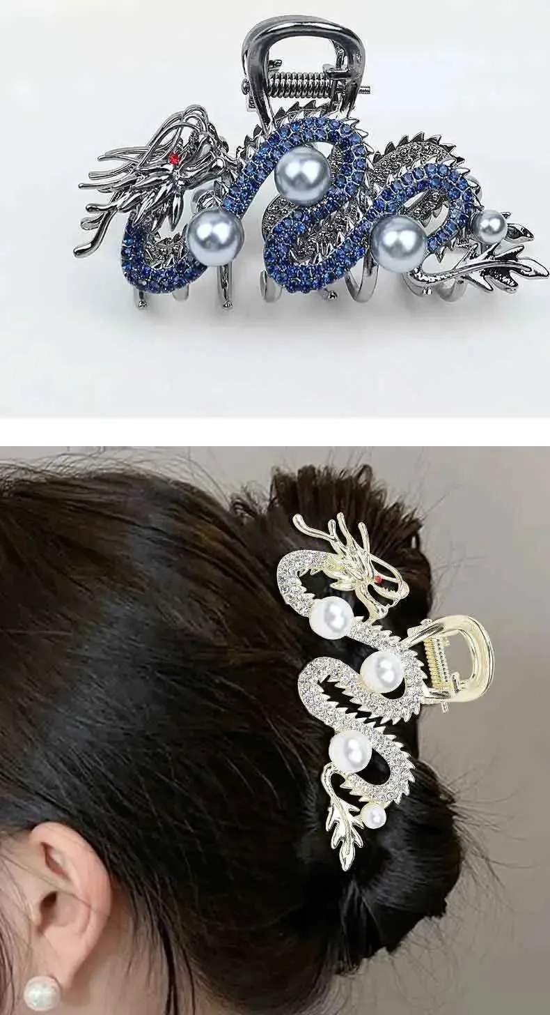 Chinese Dragon Pearl Loong Asian Zodiac Treasure Creature Monster Hair Clip Claw Fashion Dragon Hairpin with Pearl Claw, Zodiac Alloy Metal  main image 4
