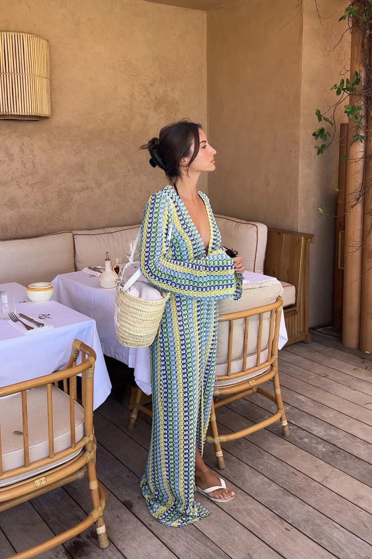 Womens Crochet Stripe Maxi Dress with Flare Sleeves, V-Neck, High Split -  Beach, Banquet & Casual Wear from Dhgate Basic & Casual Dresses - price  38.15