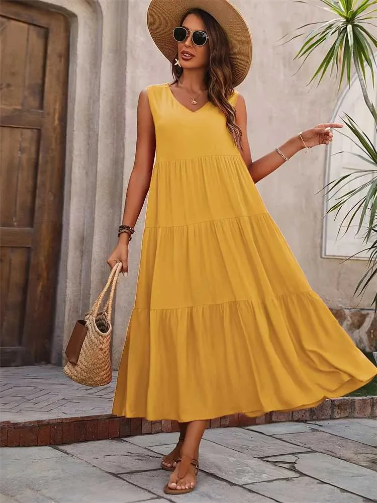 Women's V-Neck Loose Casual Summer Beach Dress - Yellow Flowy Maxi Dress  for Vacation & Holiday from Dhgate Basic & Casual Dresses - price 20.99